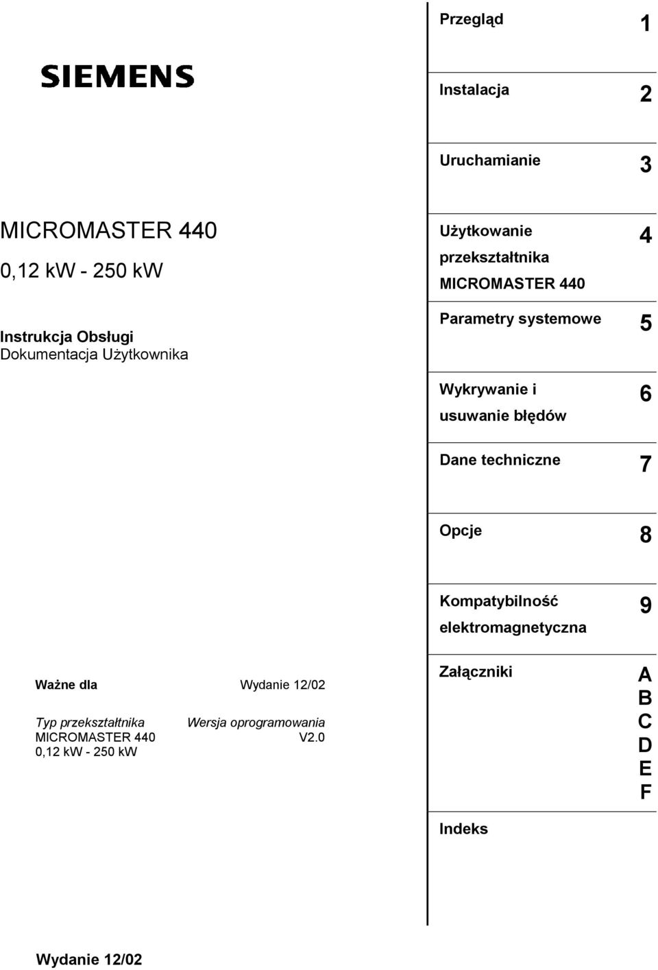 błędów 6 Dane techniczne 7 Opcje 8 Kompatybilność elektromagnetyczna 9 Ważne dla Wydanie 12/02 Typ