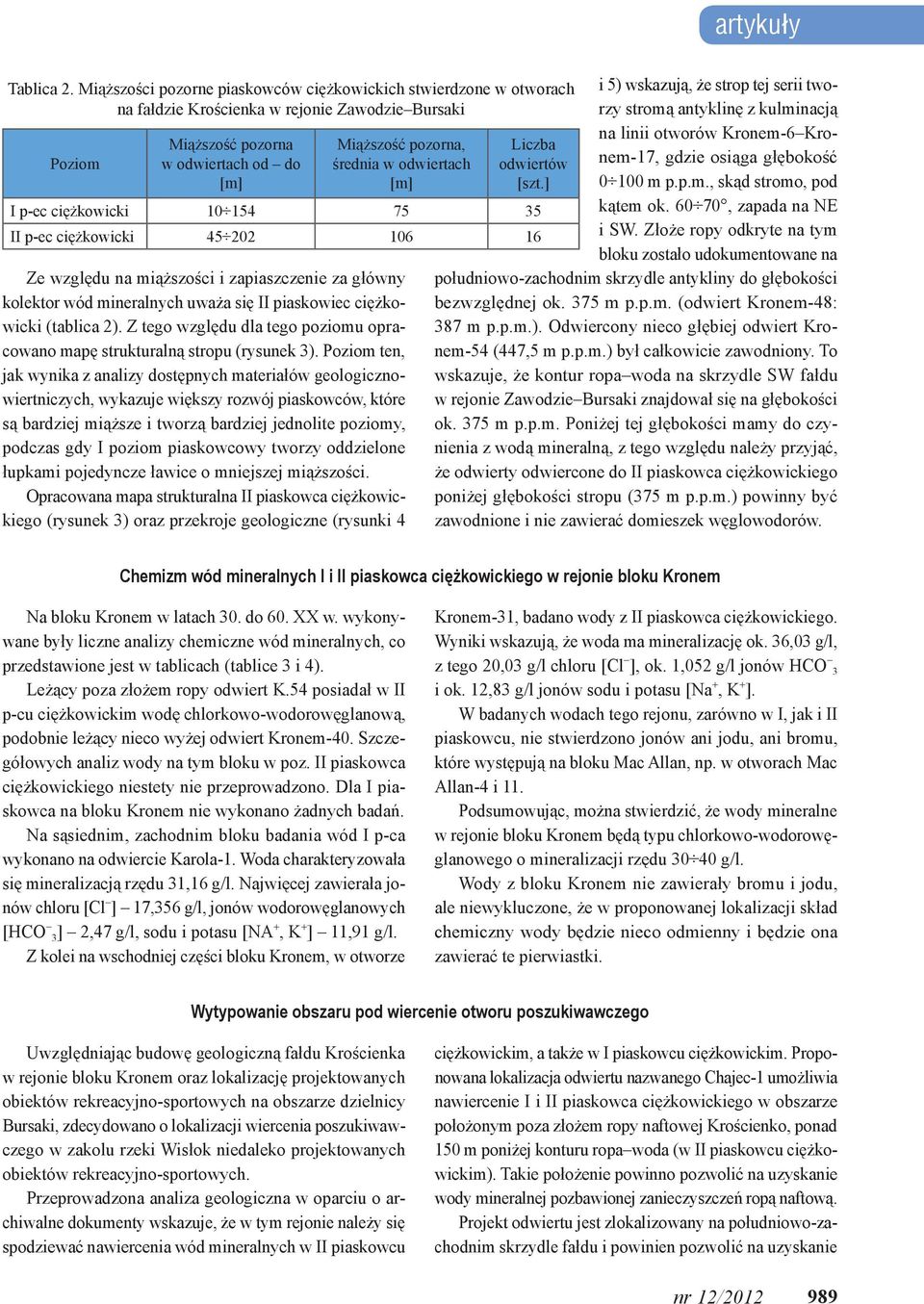 odwiertach [m] Ze względu na miąższości i zapiaszczenie za główny kolektor wód mineralnych uważa się II piaskowiec ciężkowicki (tablica 2).