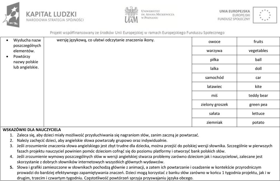 Zaleca się, aby dzieci miały możliwość przysłuchiwania się nagraniom słów, zanim zaczną je powtarzać. 2. Należy zachęcić dzieci, aby angielskie słowa powtarzały grupowo oraz indywidualnie. 3.