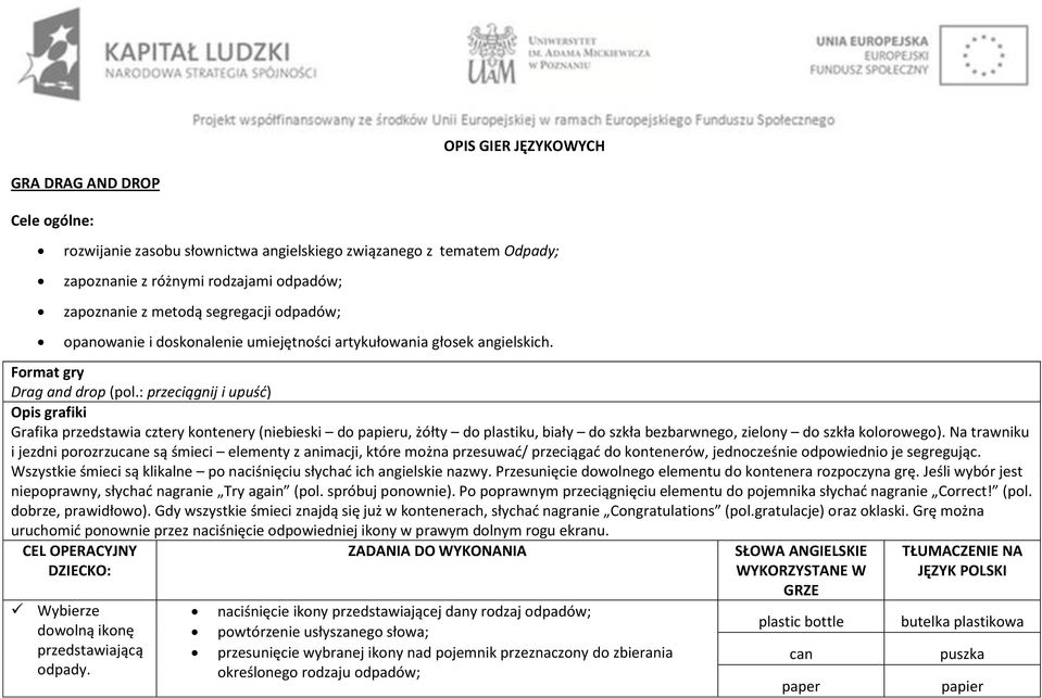 : przeciągnij i upuść) Opis grafiki Grafika przedstawia cztery kontenery (niebieski do papieru, żółty do plastiku, biały do szkła bezbarwnego, zielony do szkła kolorowego).