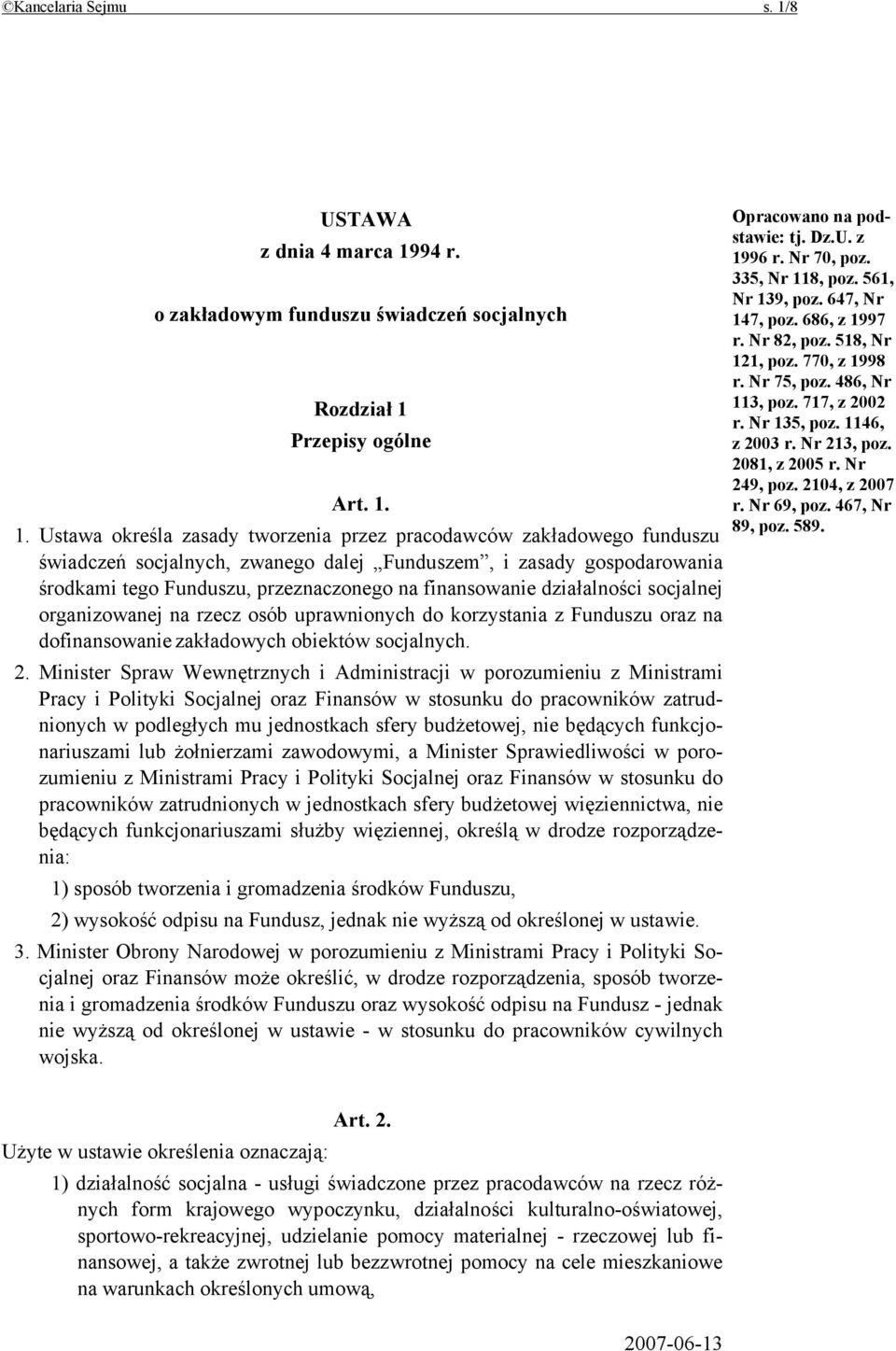 94 r. o zakładowym funduszu świadczeń socjalnych Rozdział 1 