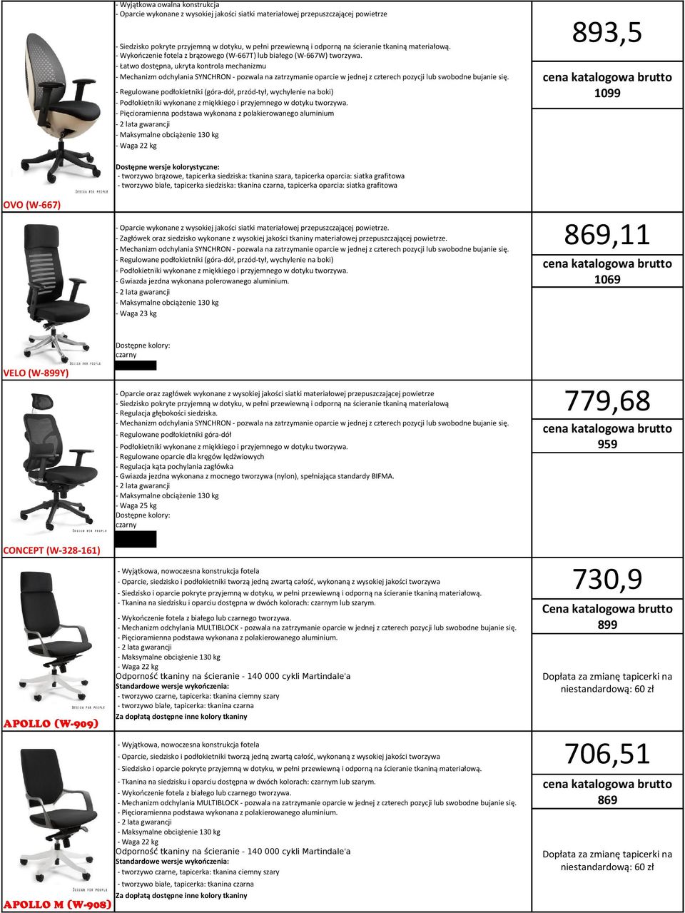 - Łatwo dostępna, ukryta kontrola mechanizmu - Mechanizm odchylania SYNCHRON - pozwala na zatrzymanie oparcie w jednej z czterech pozycji lub swobodne bujanie się.