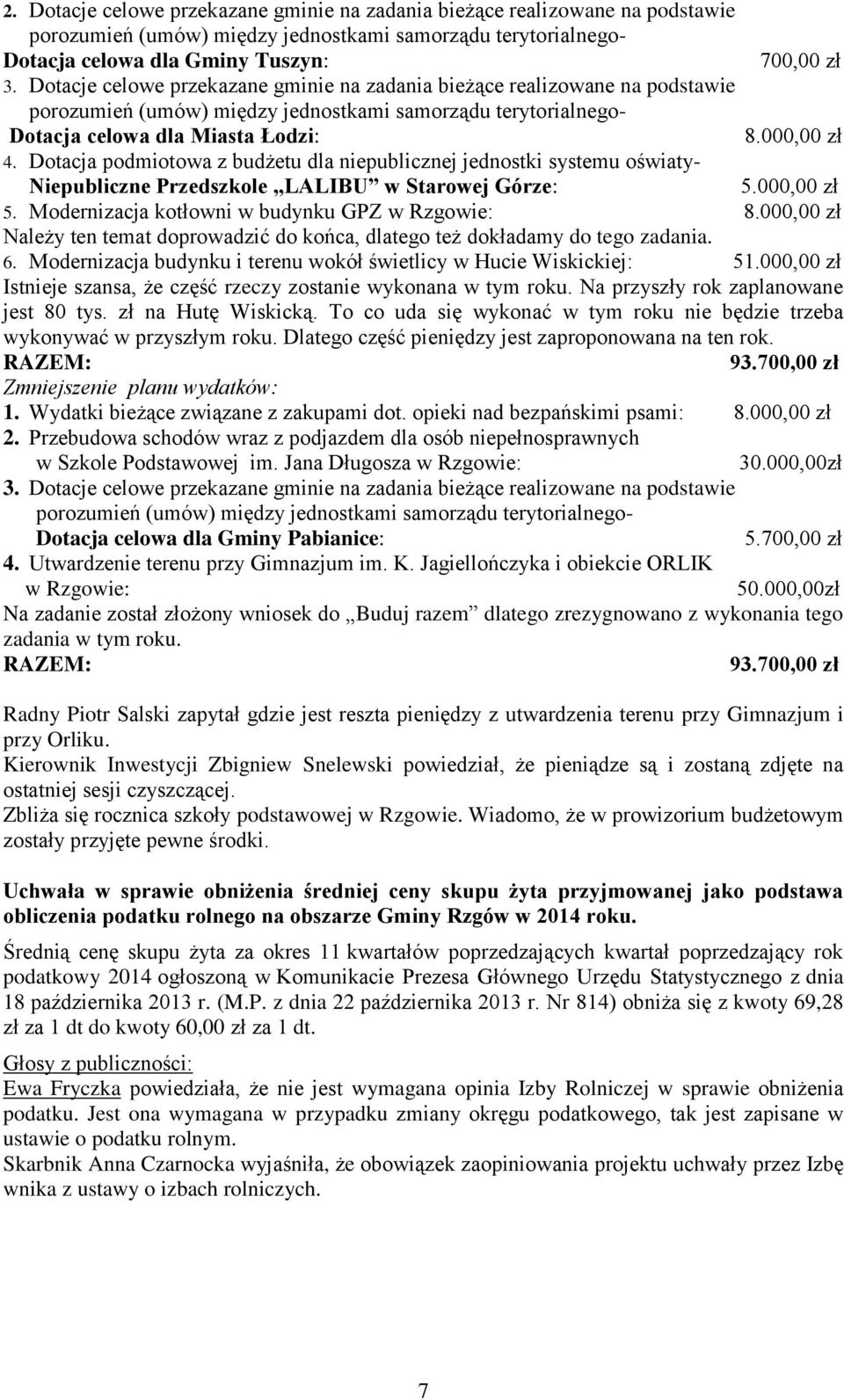 Dotacja podmiotowa z budżetu dla niepublicznej jednostki systemu oświaty- Niepubliczne Przedszkole LALIBU w Starowej Górze: 5.000,00 zł 5. Modernizacja kotłowni w budynku GPZ w Rzgowie: 8.