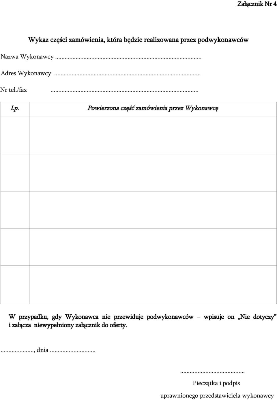 ... Powierzona część zamówienia przez Wykonawcę W przypadku, gdy Wykonawca nie przewiduje