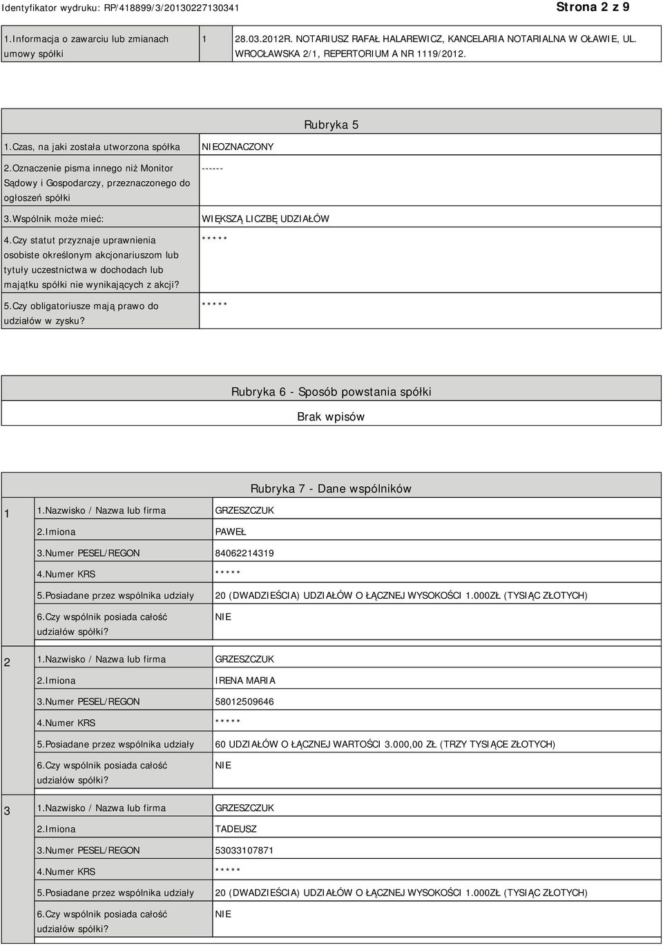Czy statut przyznaje uprawnienia osobiste określonym akcjonariuszom lub tytuły uczestnictwa w dochodach lub majątku spółki nie wynikających z akcji? 5.