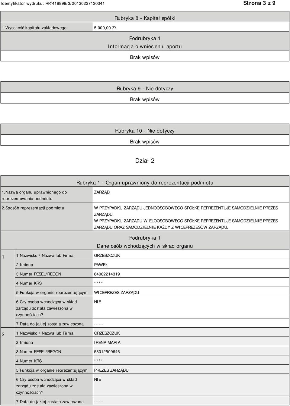 Nazwa organu uprawnionego do reprezentowania podmiotu 2.Sposób reprezentacji podmiotu ZARZĄD W PRZYPADKU ZARZĄDU JEDNOOSOBOWEGO SPÓŁKĘ REPREZENTUJE SAMODZIEL PREZES ZARZĄDU.