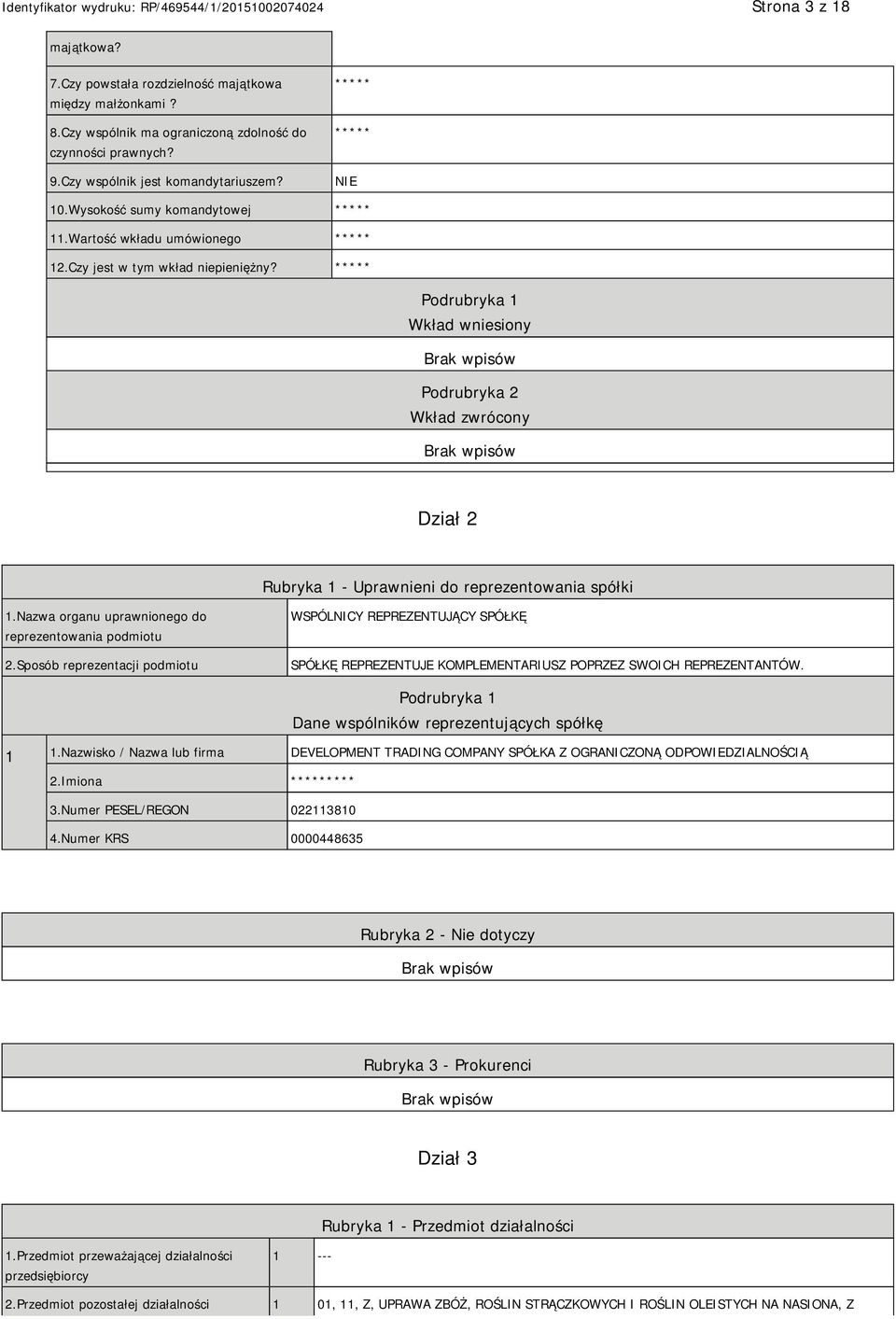 ***** Podrubryka 1 Wkład wniesiony Podrubryka 2 Wkład zwrócony Dział 2 Rubryka 1 - Uprawnieni do reprezentowania spółki 1.Nazwa organu uprawnionego do reprezentowania podmiotu 2.