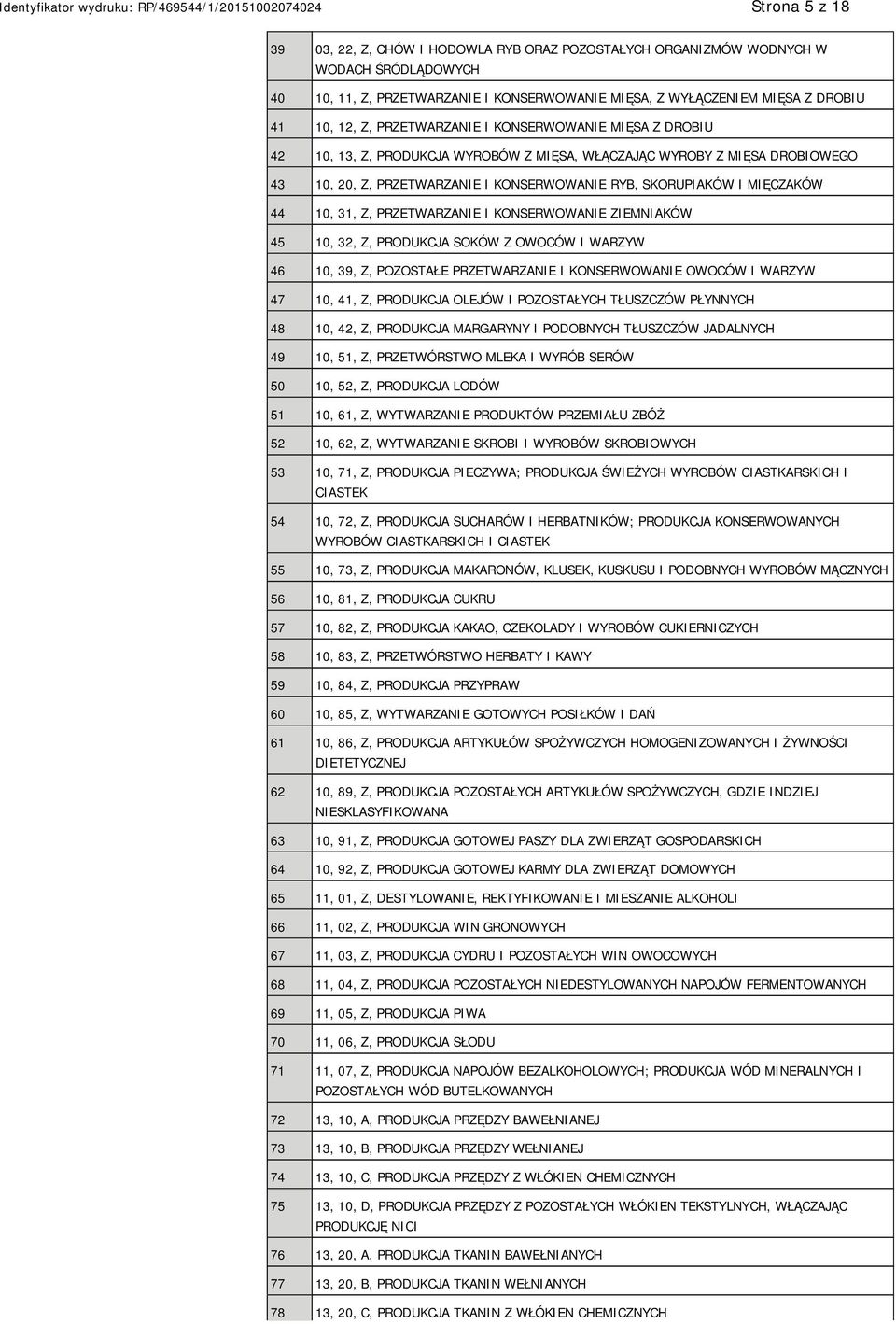 10, 31, Z, PRZETWARZANIE I KONSERWOWANIE ZIEMNIAKÓW 45 10, 32, Z, PRODUKCJA SOKÓW Z OWOCÓW I WARZYW 46 10, 39, Z, POZOSTAŁE PRZETWARZANIE I KONSERWOWANIE OWOCÓW I WARZYW 47 10, 41, Z, PRODUKCJA