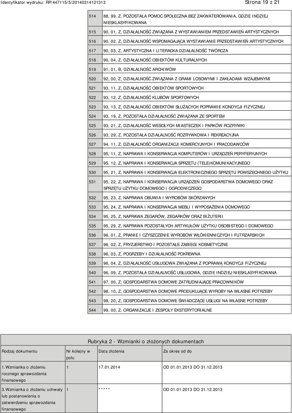 DZIAŁALNOŚĆ ARCHIWÓW 520 92, 00, Z, DZIAŁALNOŚĆ ZWIĄZANA Z GRAMI LOSOWYMI I ZAKŁADAMI WZAJEMNYMI 521 93, 11, Z, DZIAŁALNOŚĆ OBIEKTÓW SPORTOWYCH 522 93, 12, Z, DZIAŁALNOŚĆ KLUBÓW SPORTOWYCH 523 93,