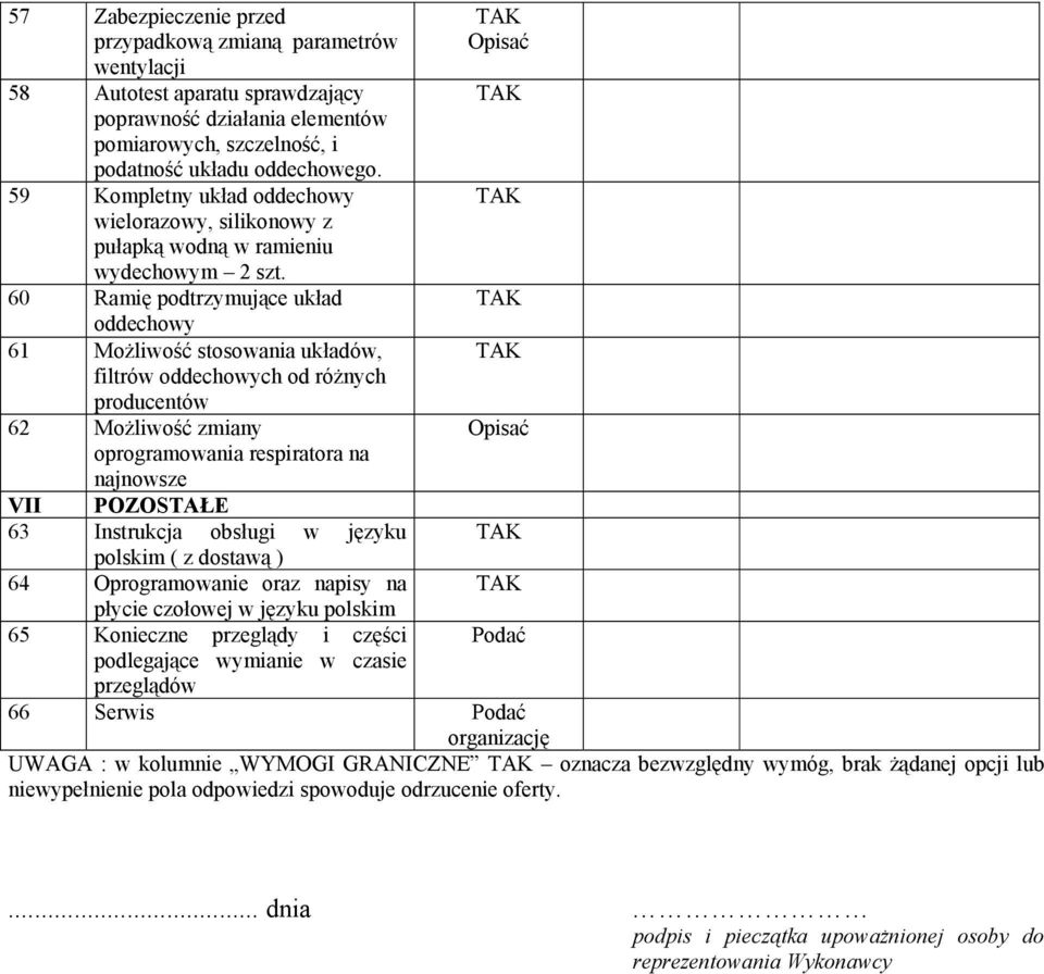 60 Ramię podtrzymujące układ oddechowy 61 Możliwość stosowania układów, filtrów oddechowych od różnych producentów 62 Możliwość zmiany oprogramowania respiratora na najnowsze VII POZOSTAŁE 63