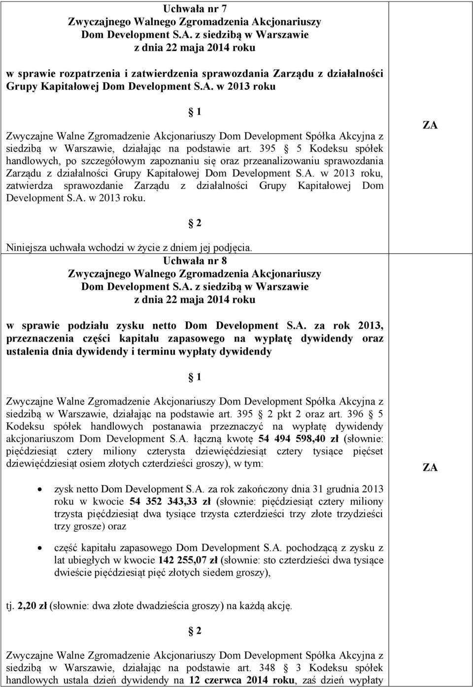 w 2013 roku, zatwierdza sprawozdanie Zarządu z działalności Grupy Kapitałowej Dom Development S.A.