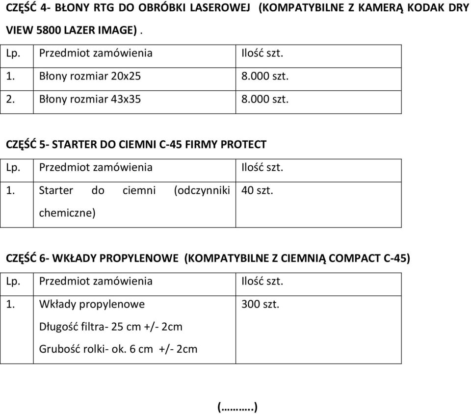 Przedmiot zamówienia szt. 1. Starter do ciemni (odczynniki chemiczne) 40 szt.