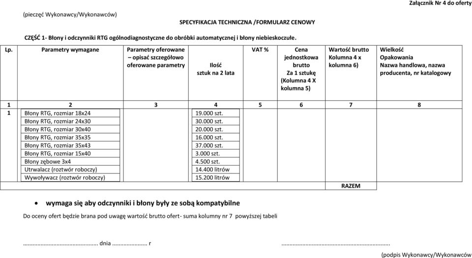 producenta, nr katalogowy 1 Błony RTG, rozmiar 18x24 Błony RTG, rozmiar 24x30 Błony RTG, rozmiar 30x40 Błony RTG, rozmiar 35x35 Błony RTG, rozmiar 35x43 Błony RTG, rozmiar 15x40 Błony zębowe 3x4
