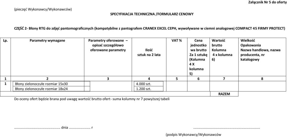 Parametry wymagane Parametry oferowane opisać szczegółowo oferowane parametry sztuk na 2 lata jednostko wa (Kolumna 4 X kolumna 5) Wartość Kolumna 4 x kolumna 6)