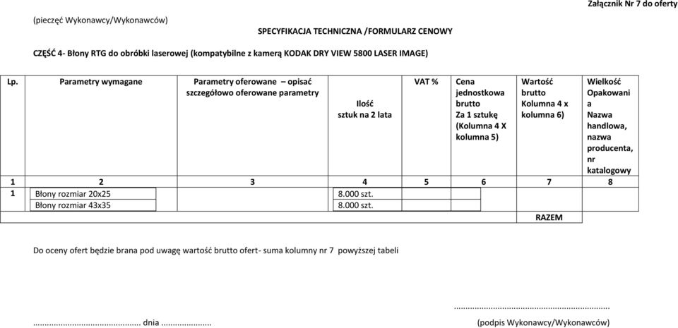 Parametry wymagane Parametry oferowane opisać szczegółowo oferowane parametry sztuk na 2 lata jednostkowa (Kolumna 4 X kolumna 5) Wartość