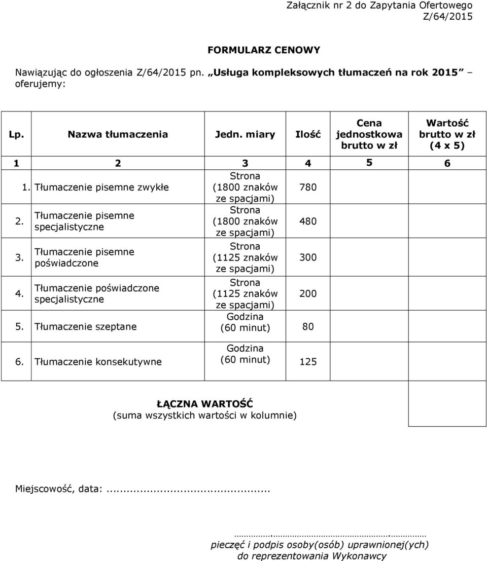 Strona Tłumaczenie pisemne (1800 znaków specjalistyczne ze spacjami) 480 3. 4. Tłumaczenie pisemne poświadczone Tłumaczenie poświadczone specjalistyczne 5.