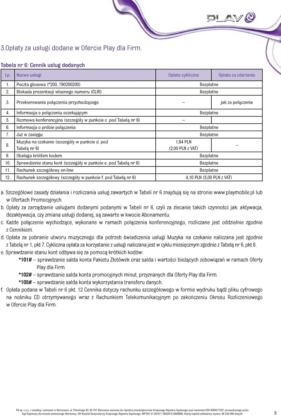 Rozmowa konferencyjna (szczegóły w punkcie c.pod Tabelą nr 6) 6. Informacja o próbie połączenia Bezpłatne 7. Już w zasięgu Bezpłatne 8. Muzyka na czekanie (szczegóły w punkcie d.