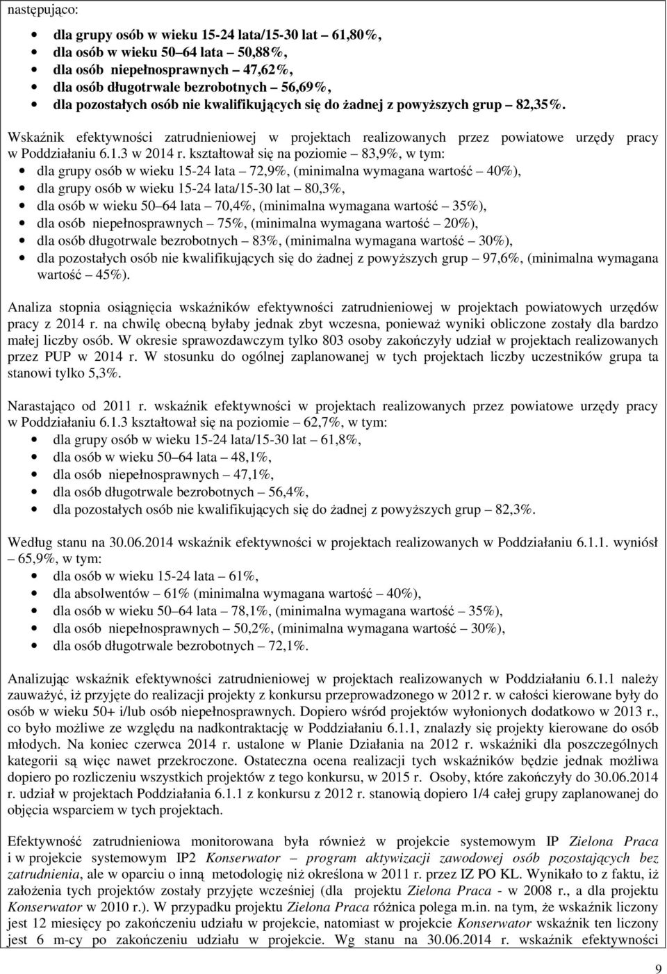 kształtował się na poziomie 83,9%, w tym: dla grupy osób w wieku 15-24 lata 72,9%, (minimalna wymagana wartość 40%), dla grupy osób w wieku 15-24 lata/15-30 lat 80,3%, dla osób w wieku 50 64 lata