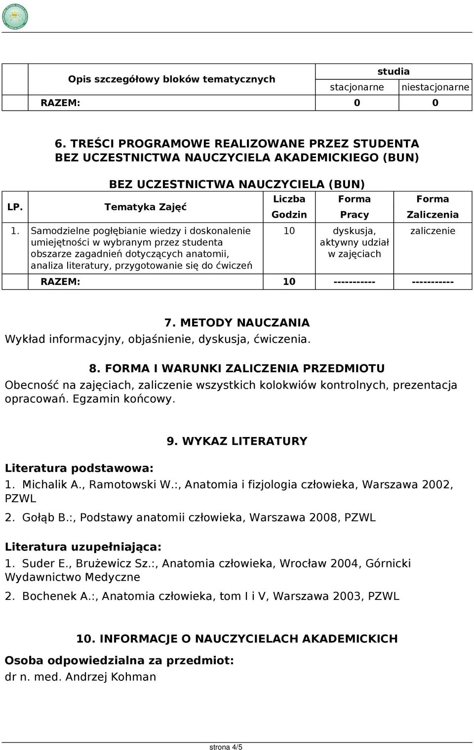 Pracy 10 dyskusja, aktywny udział w zajęciach Forma Zaliczenia zaliczenie RAZEM: 10 ----------- ----------- 7. METODY NAUCZANIA Wykład informacyjny, objaśnienie, dyskusja, ćwiczenia. 8.