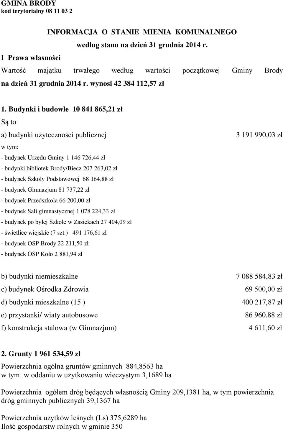 Budynki i budowle 10 841 865,21 zł Są to: a) budynki użyteczności publicznej 3 191 990,03 zł - budynek Urzędu Gminy 1 146 726,44 zł - budynki bibliotek Brody/Biecz 207 263,02 zł - budynek Szkoły