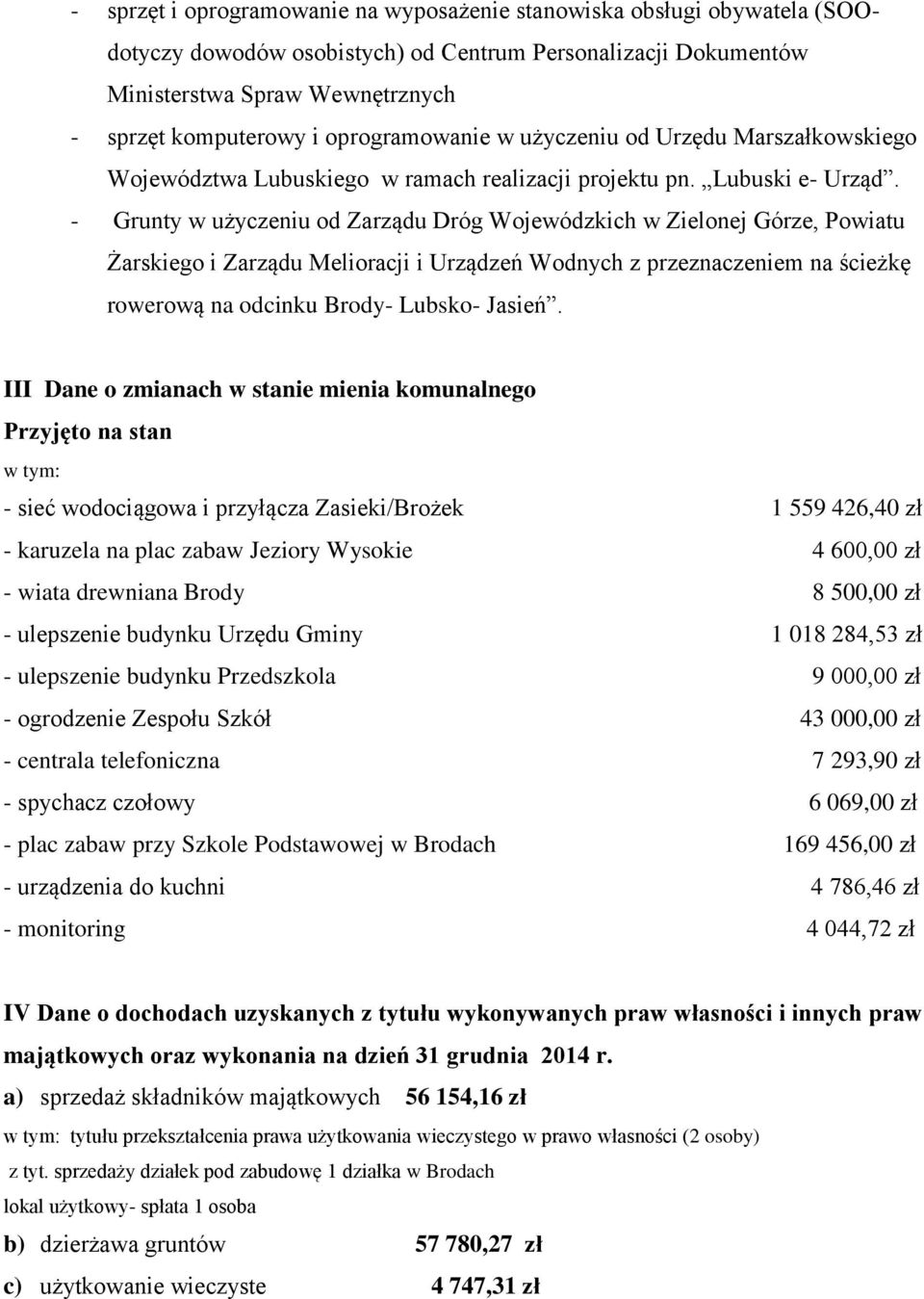 - Grunty w użyczeniu od Zarządu Dróg Wojewódzkich w Zielonej Górze, Powiatu Żarskiego i Zarządu Melioracji i Urządzeń Wodnych z przeznaczeniem na ścieżkę rowerową na odcinku Brody- Lubsko- Jasień.