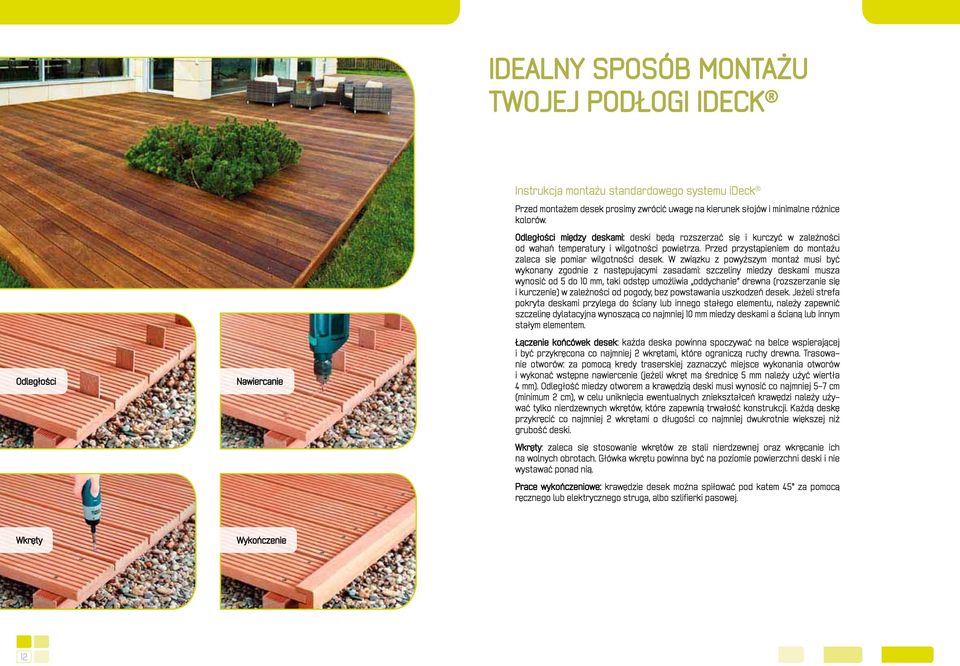 W związku z powyższym montaż musi być wykonany zgodnie z nastêpującymi zasadami: szczeliny miedzy deskami musza wynosić od 5 do 10 mm, taki odstêp umożliwia oddychanie drewna (rozszerzanie siê i