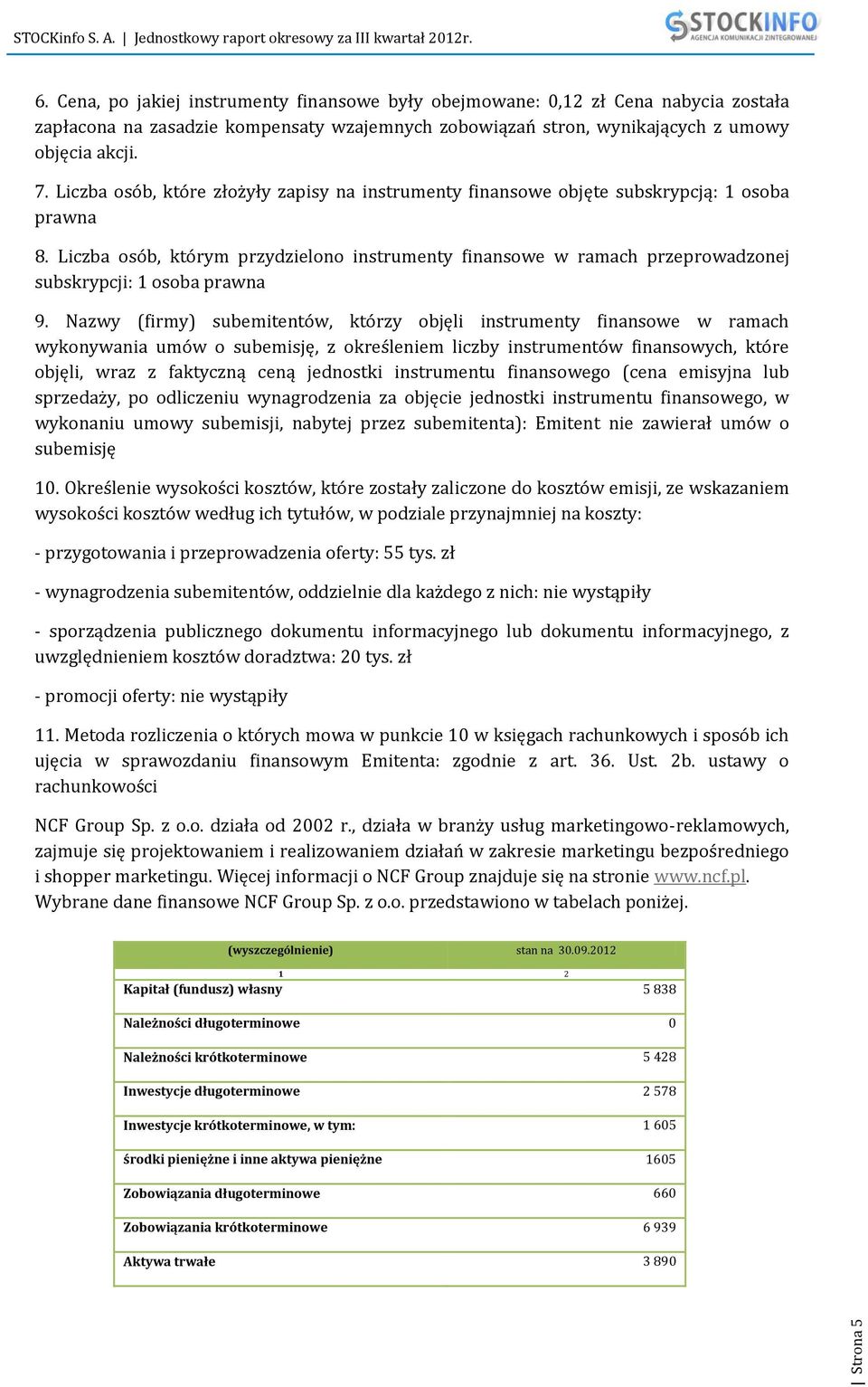 Liczba osób, którym przydzielono instrumenty finansowe w ramach przeprowadzonej subskrypcji: 1 osoba prawna 9.