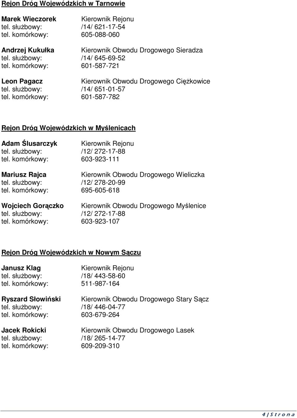 komórkowy: 601-587-782 Rejon Dróg Wojewódzkich w Myślenicach Adam Ślusarczyk Kierownik Rejonu tel. służbowy: /12/ 272-17-88 tel.