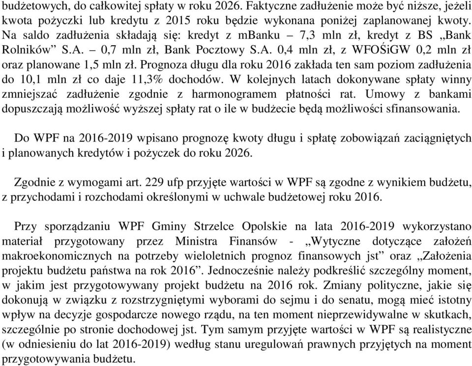 Prognoza długu dla roku 2016 zakłada ten sam poziom zadłużenia do 10,1 mln zł co daje 11,3% dochodów.