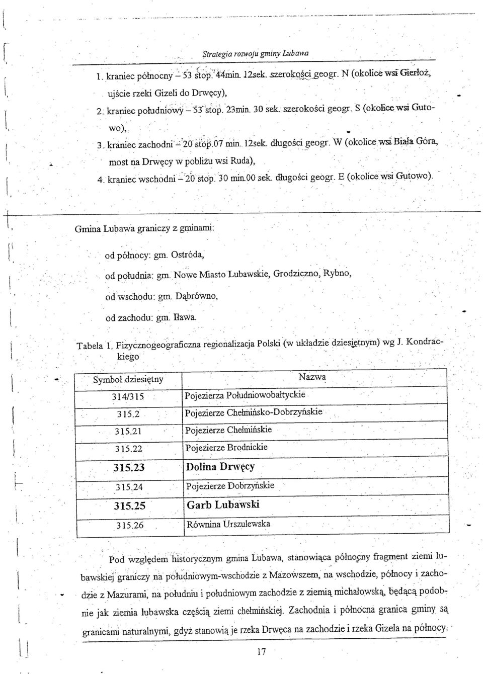 Gutowo) od p~dnia: gm Nowe Miasto Lubawsbe, Grodziczno~ Rybno, Tabela L FiZycznogeograficzna regionalizacja Polski (w układzie dziesiętnym) wg 1 Kondrac-' kiego Symbol dziesiętny 314/315 3152 31521