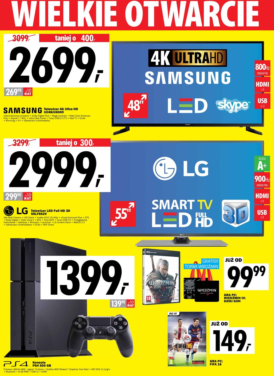 HEVC 2K/60p Virtual Surround Plus DTS Dolby Digital Clear Voice II EPG Time Shift Tuner DVB-T/C Przeglądarka internetowa Aplikacje Miracast Launcher LG Content Store WebOS 2.