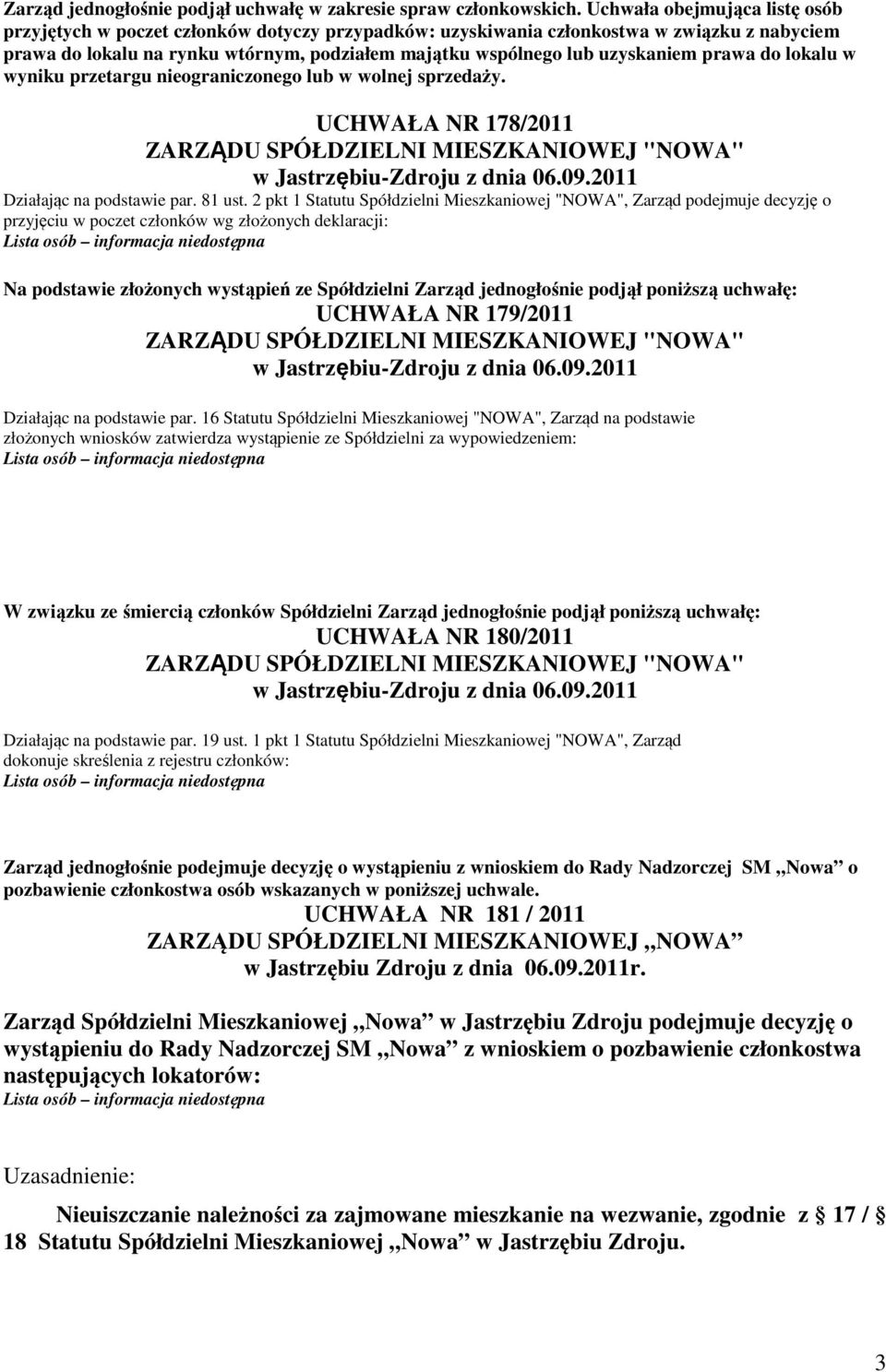 uzyskaniem prawa do lokalu w wyniku przetargu nieograniczonego lub w wolnej sprzedaży. UCHWAŁA NR 178/2011 ZARZĄDU SPÓŁDZIELNI MIESZKANIOWEJ "NOWA" w Jastrzębiu-Zdroju z dnia 06.09.