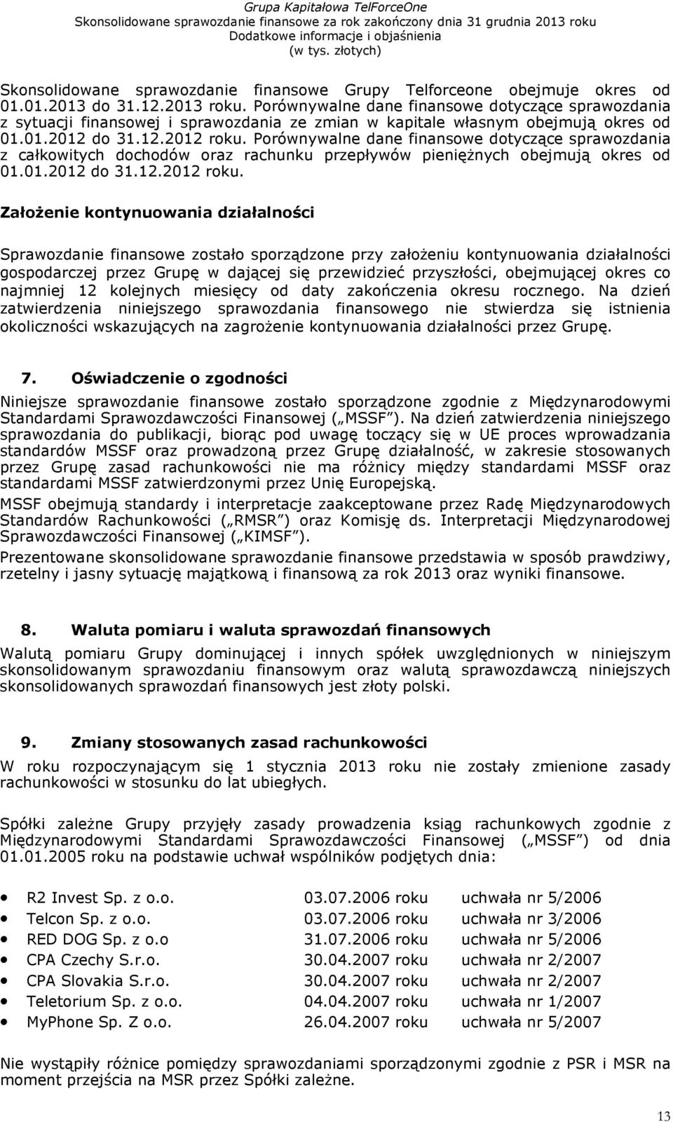 Porównywalne dane finansowe dotyczące sprawozdania z całkowitych dochodów oraz rachunku przepływów pienięŝnych obejmują okres od 01.01.2012 do 31.12.2012 roku.