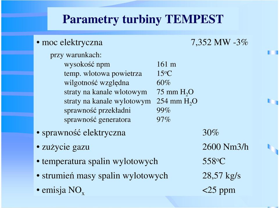 wylotowym 254 mm H 2 O sprawność przekładni 99% sprawność generatora 97% sprawność elektryczna 30%