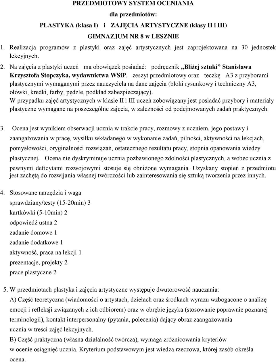 Na zajęcia z plastyki uczeń ma obowiązek posiadać: podręcznik Bliżej sztuki Stanisława Krzysztofa Stopczyka, wydawnictwa WSiP, zeszyt przedmiotowy oraz teczkę A3 z przyborami plastycznymi wymaganymi