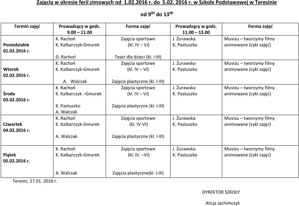 IV VI) Teatr dla dzieci (kl. I-III) (kl. IV VI) Zajęcia plastyczne (kl. I-III) (kl. IV VI) Zajęcia plastyczne (kl. I-III) (kl. IV-VI) Zajęcia plastyczne (kl. I-III) Prowadzący w godz. 11.