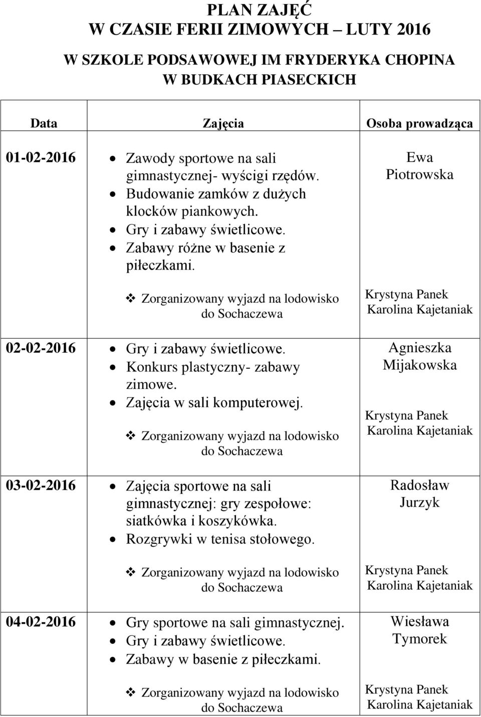 02-02-2016 Gry i zabawy świetlicowe. Konkurs plastyczny- zabawy zimowe. Zajęcia w sali komputerowej.