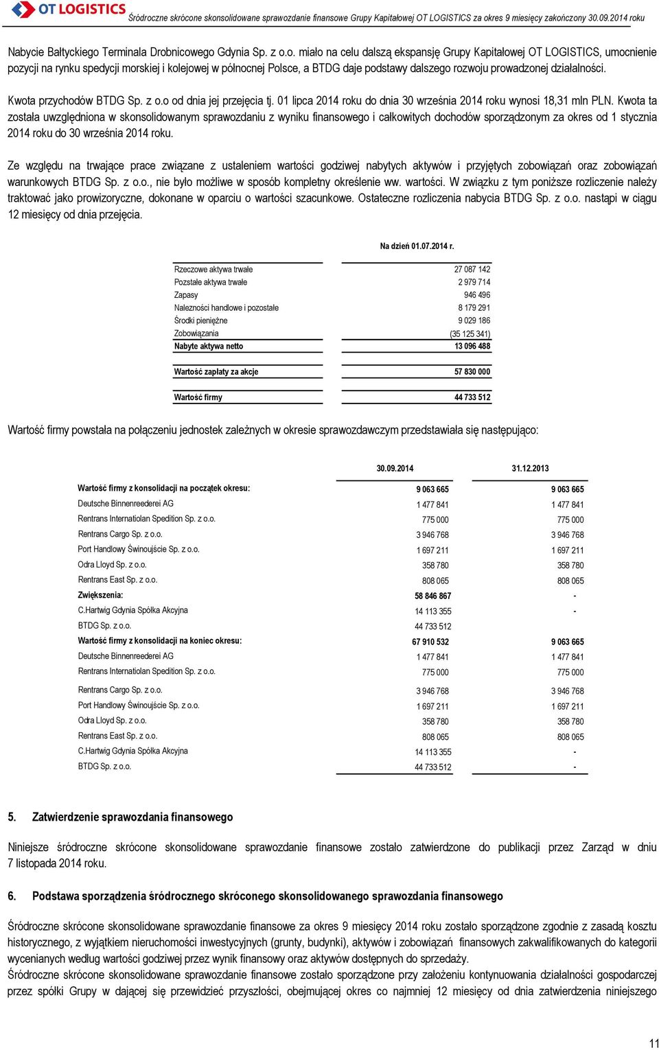 nicowego Gdynia Sp. z o.o. miało na celu dalszą ekspansję Grupy Kapitałowej OT LOGISTICS, umocnienie pozycji na rynku spedycji morskiej i kolejowej w północnej Polsce, a BTDG daje podstawy dalszego