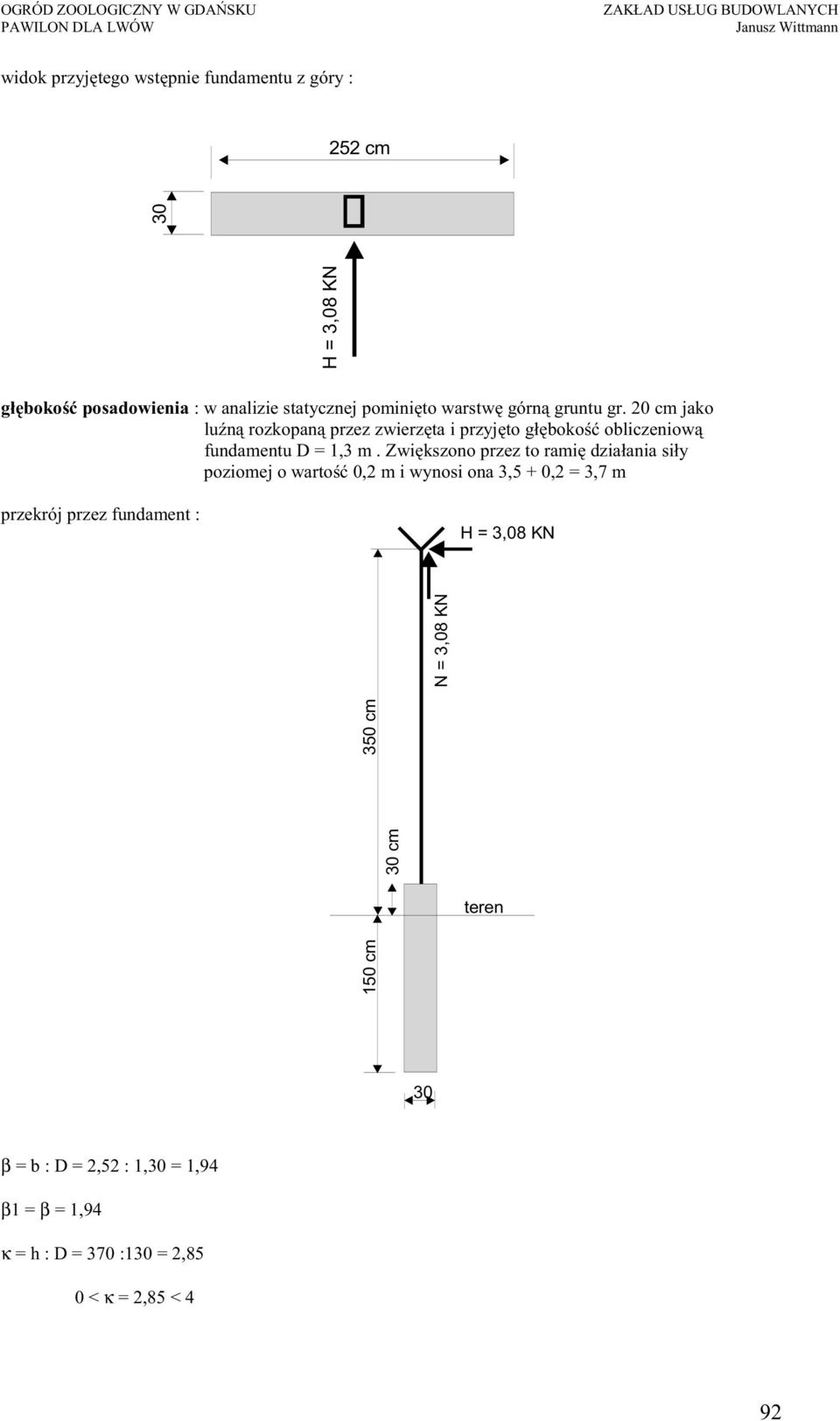 Zwi kszono przez to rami działania siły poziomej o warto 0, m i wynosi ona 3,5 + 0, = 3,7 m przekrój przez fundament : H =