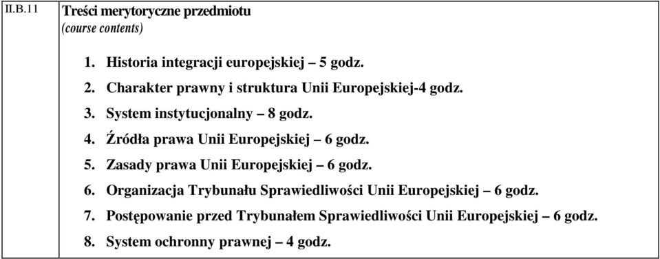 Źródła prawa Unii Europejskiej 6 godz. 5. Zasady prawa Unii Europejskiej 6 godz. 6. Organizacja Trybunału Sprawiedliwości Unii Europejskiej 6 godz.