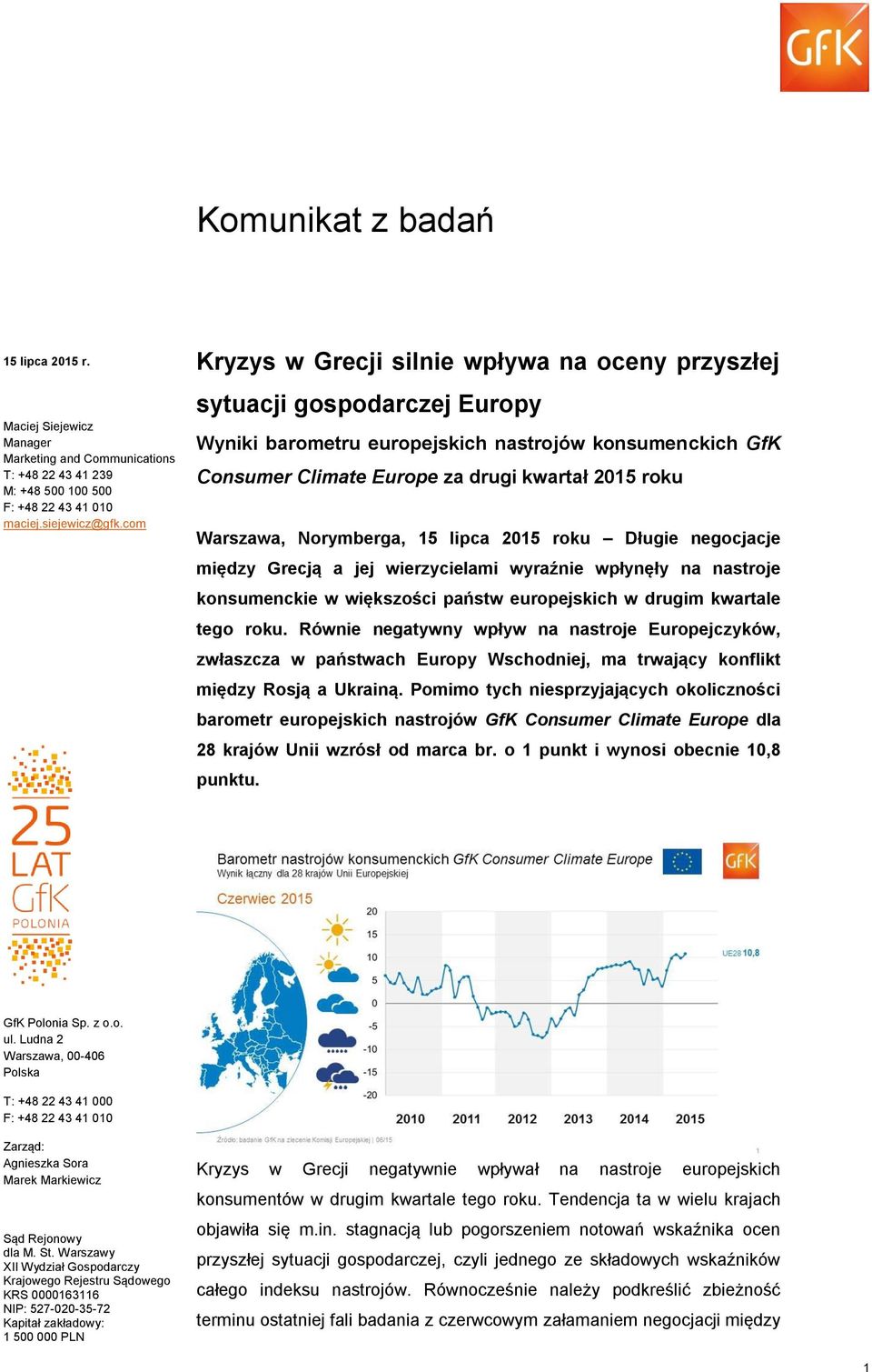 Warszawa, Norymberga, 15 lipca 2015 roku Długie negocjacje między Grecją a jej wierzycielami wyraźnie wpłynęły na nastroje konsumenckie w większości państw europejskich w drugim kwartale tego roku.