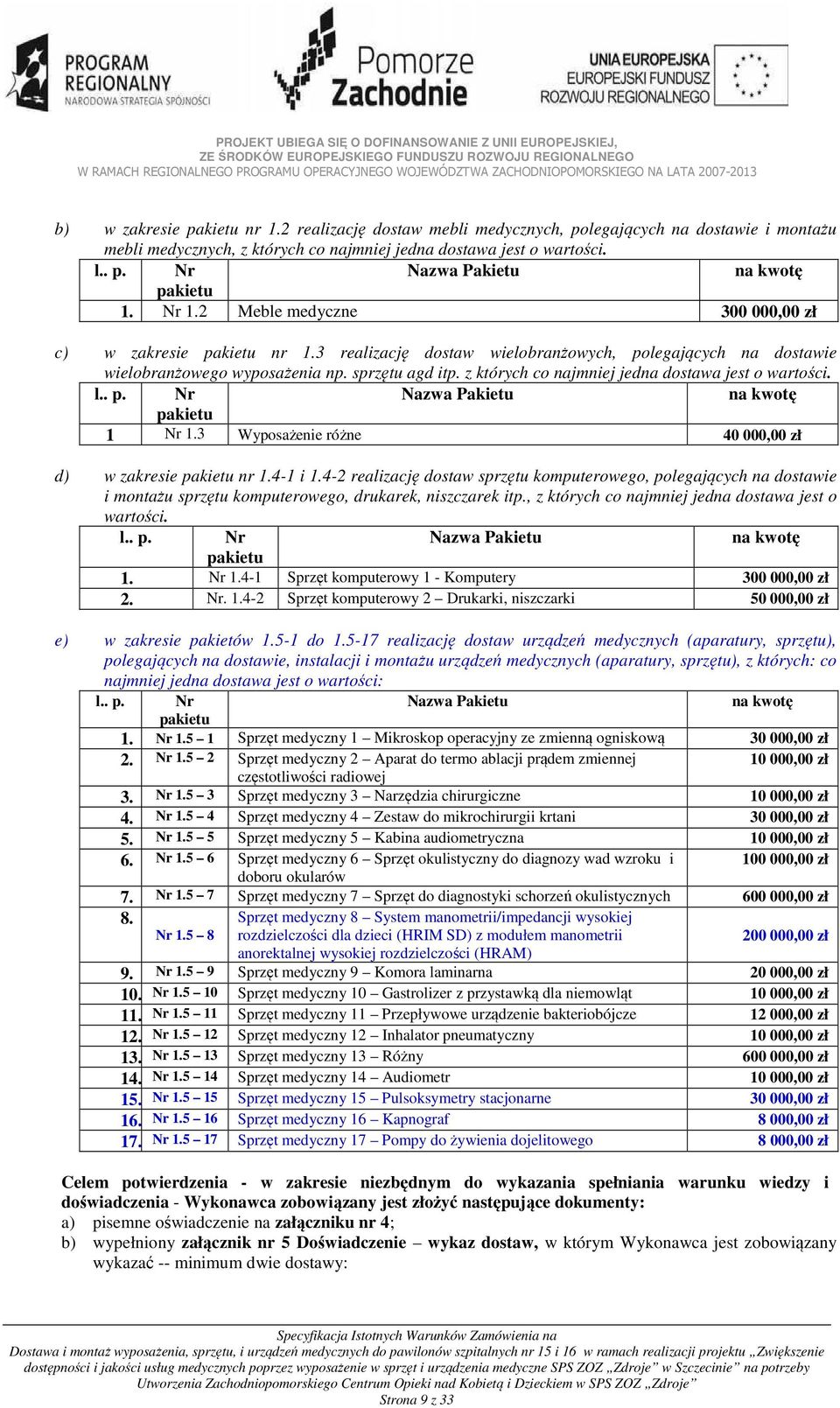 z których co najmniej jedna dostawa jest o wartości. l.. p. Nr Nazwa Pakietu na kwotę pakietu 1 Nr 1.3 Wyposażenie różne 40 000,00 zł d) w zakresie pakietu nr 1.4-1 i 1.