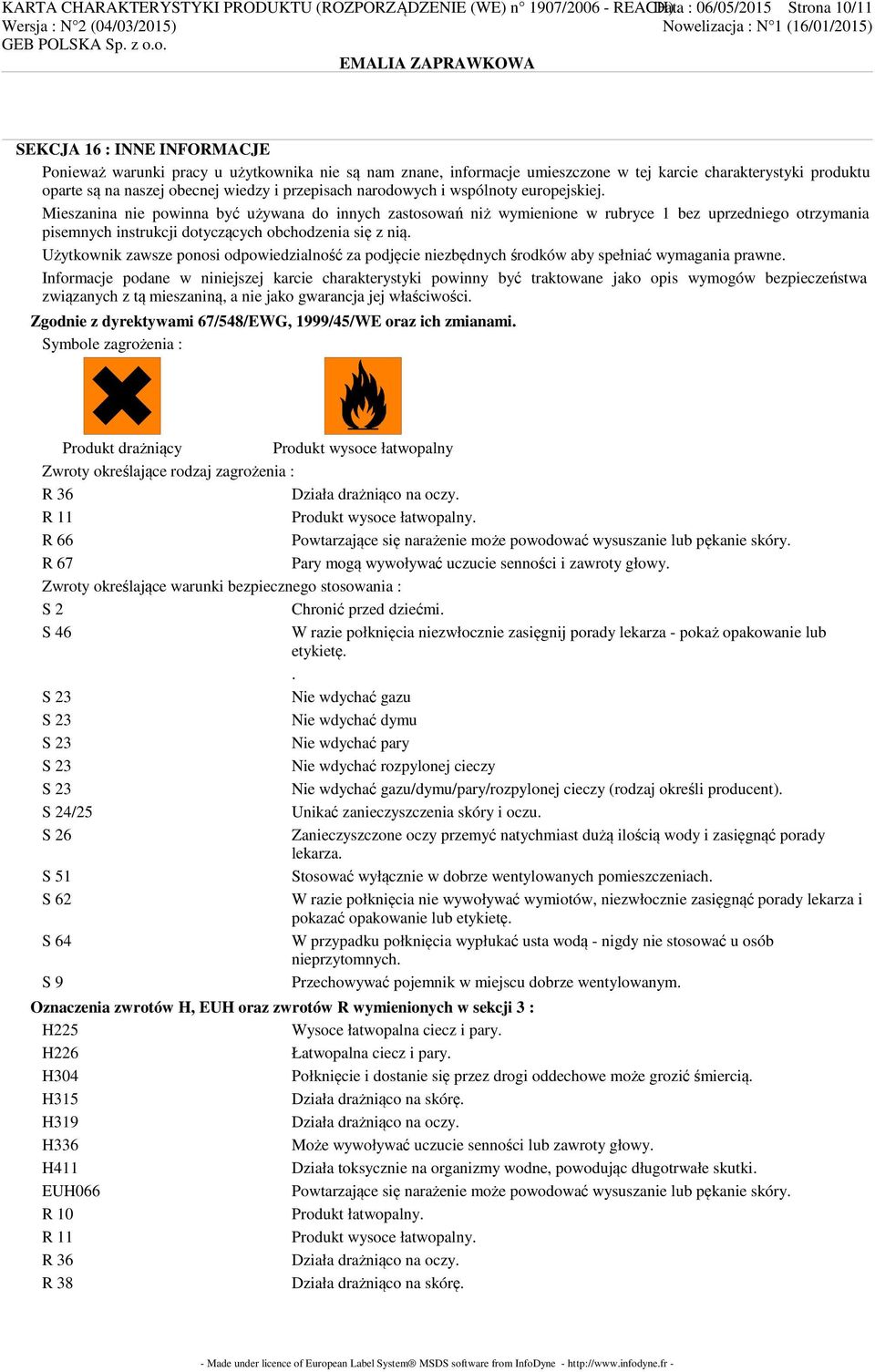 Mieszanina nie powinna być używana do innych zastosowań niż wymienione w rubryce 1 bez uprzedniego otrzymania pisemnych instrukcji dotyczących obchodzenia się z nią.