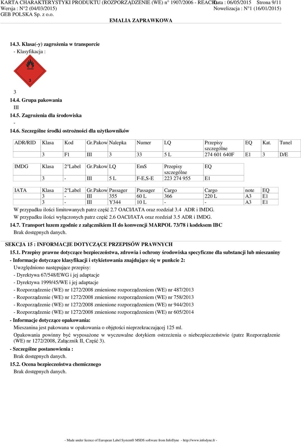 Pakow LQ EmS Przepisy EQ szczególne 3 - III 5 L F-E,S-E 223 274 955 E1 IATA Klasa 2 Label Gr.