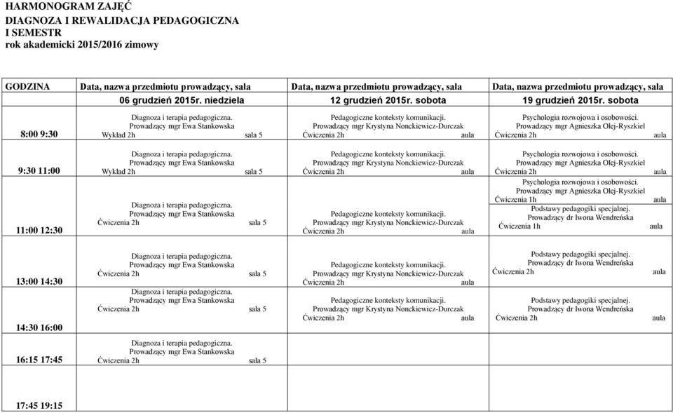 sobota Wykład 2h sala 5 Psychologia rozwojowa i osobowości.