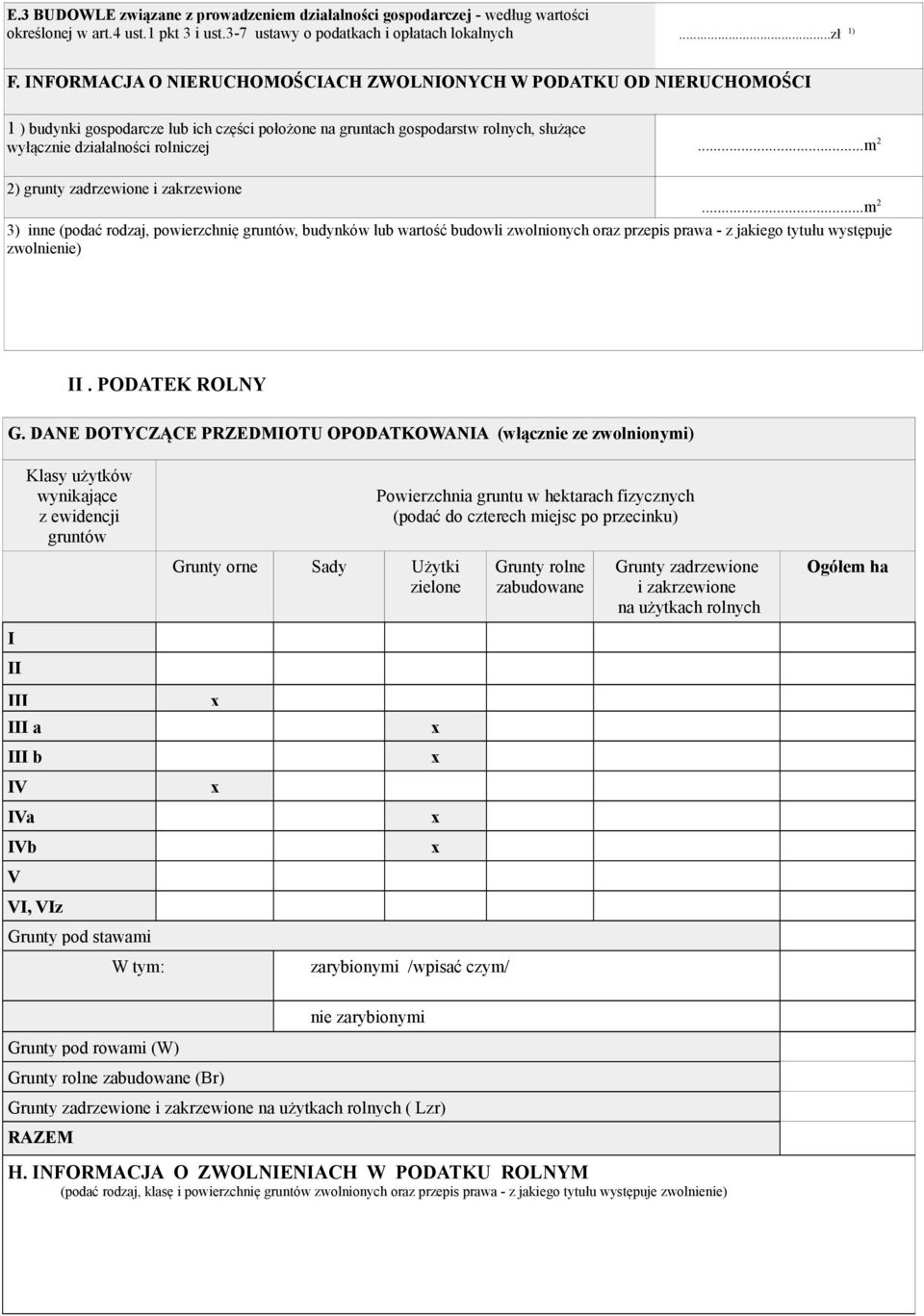 ..m 2 2) grunty zadrzewione i zakrzewione...m 2 3) inne (podać rodzaj, powierzchnię gruntów, budynków lub wartość budowli zwolnionych oraz przepis prawa - z jakiego tytułu występuje zwolnienie) II.