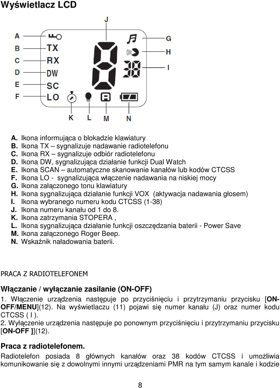 Ikona załączonego tonu klawiatury H. Ikona sygnalizująca działanie funkcji VOX (aktywacja nadawania głosem) I. Ikona wybranego numeru kodu CTCSS (1-38) J. Ikona numeru kanału od 1 do 8. K.