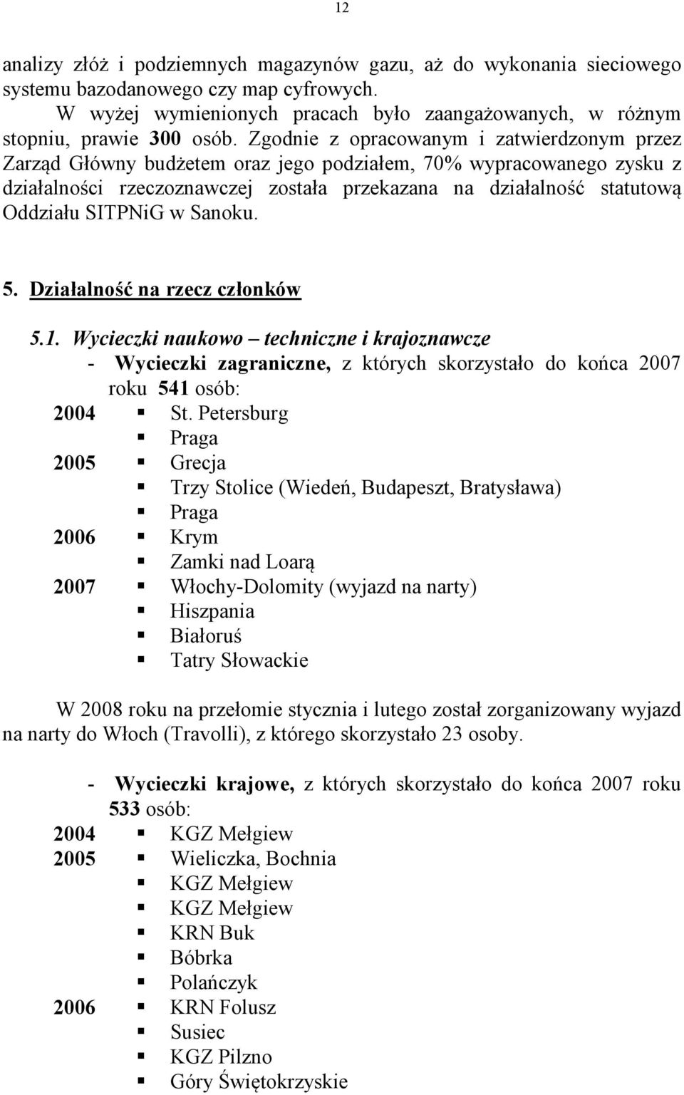 SITPNiG w Sanoku. 5. Działalność na rzecz członków 5.1. Wycieczki naukowo techniczne i krajoznawcze - Wycieczki zagraniczne, z których skorzystało do końca 2007 roku 541 osób: 2004 St.