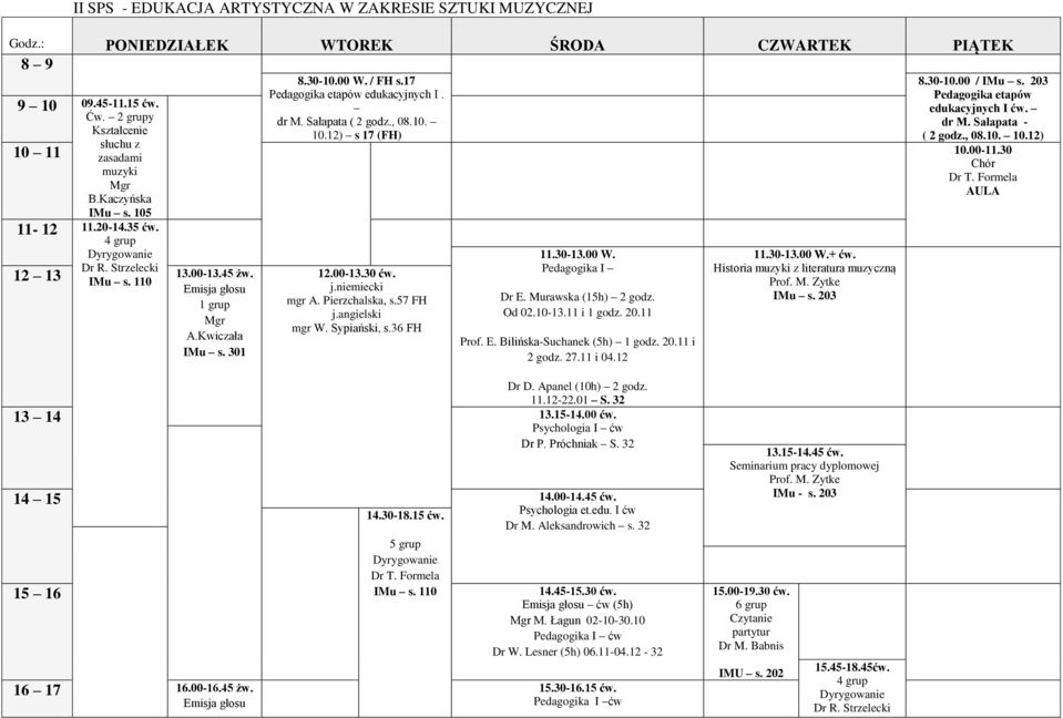 30 11-12 11.20-14.35 ćw. 4 grup Dyrygowanie Dr R. Strzelecki IMu s. 110 12 13 13.00-13.45 żw. 1 grup A.Kwiczała IMu s. 301 12.00-13.30 ćw. j.niemiecki mgr A. Pierzchalska, s.57 FH j.angielski mgr W.