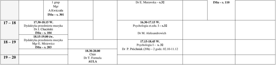 Misiewicz 16.30-17.15 W. Psychologia et.edu. I s.32 Dr M. Aleksandrowich 18 19 17.